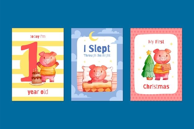 水彩风格小猪成长记录卡片儿童婴儿周岁满月模板