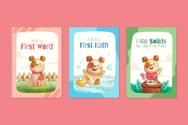水彩风格小狗成长记录卡片儿童婴儿周岁满月模板