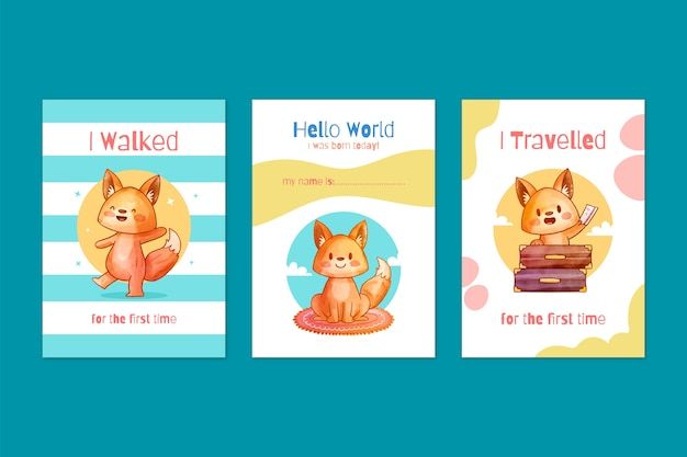 水彩风格狐狸成长记录卡片儿童婴儿周岁满月模板
