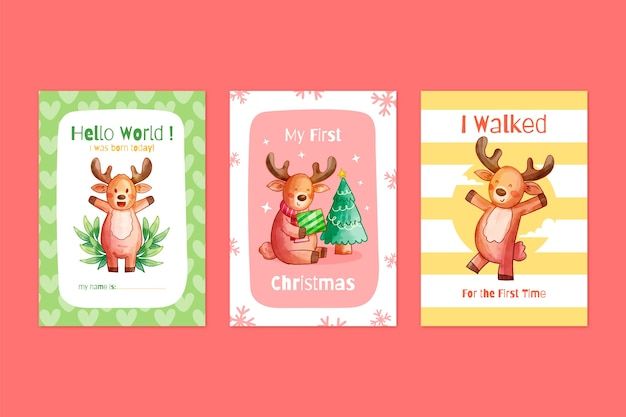 水彩风格小鹿成长记录卡片儿童婴儿周岁满月模板