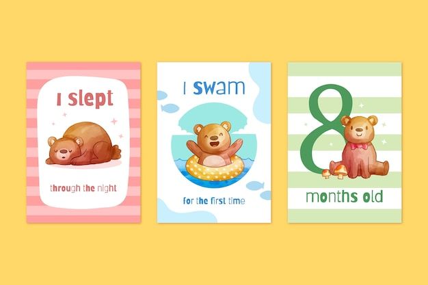 水彩风格熊成长记录卡片儿童婴儿周岁满月模板