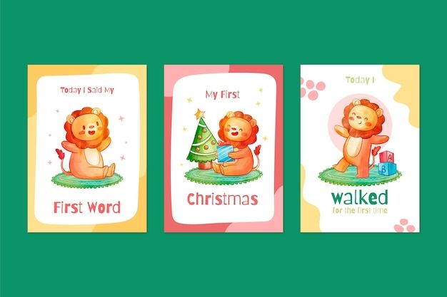 水彩风格狮子成长记录卡片儿童婴儿周岁满月模板