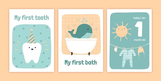 水彩风格牙齿成长记录卡片儿童婴儿周岁满月模板