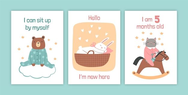 水彩风格小熊成长记录卡片儿童婴儿周岁满月模板
