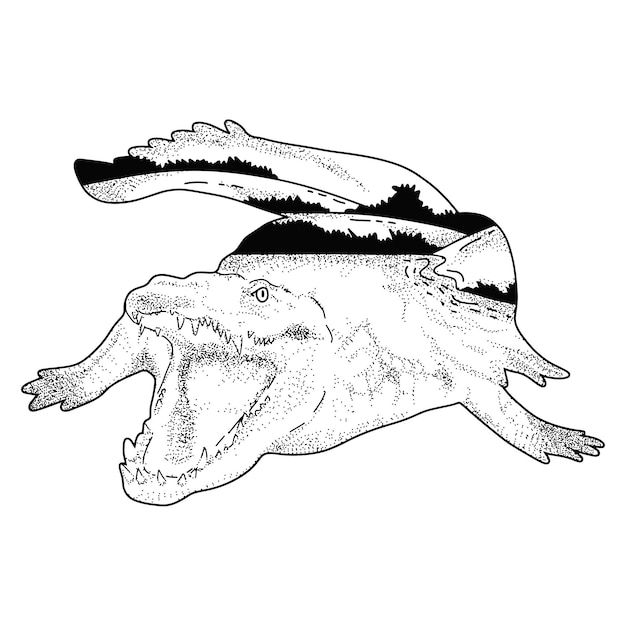 双重曝光效果鳄鱼插画