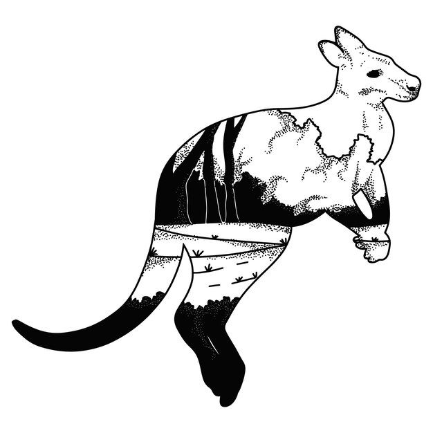 双曝光手绘袋鼠插画