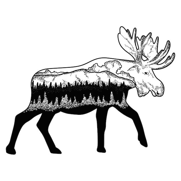 双重曝光效果驼鹿插画