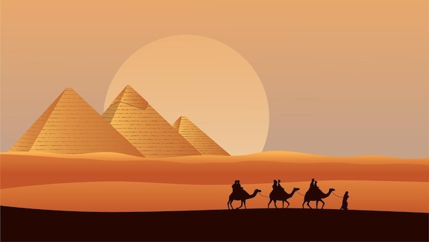 埃及金字塔沙漠落日骆驼风景插画