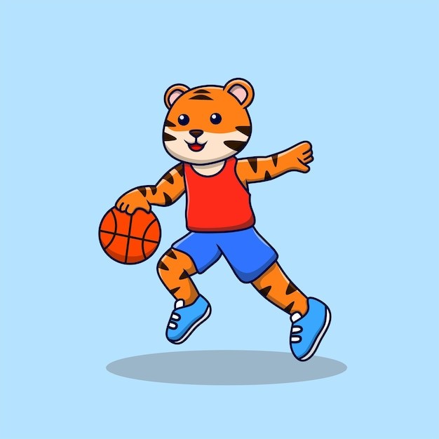 老虎打篮球卡通插画