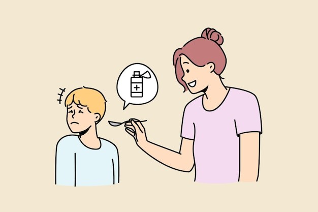 给孩子喂药的妈妈描边插画