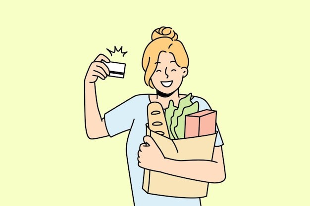 信用卡购物的女人描边插画