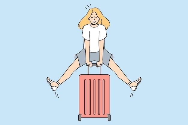 准备度假的女人手提箱描边插画