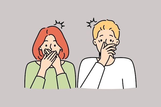 惊讶震惊的男人女人描边插画