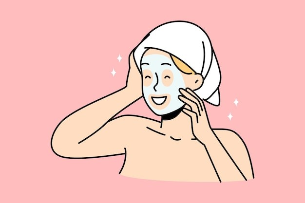 做面膜的女人描边插画