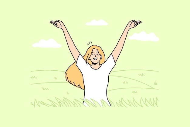 享受夏日野外清风的女人描边插画