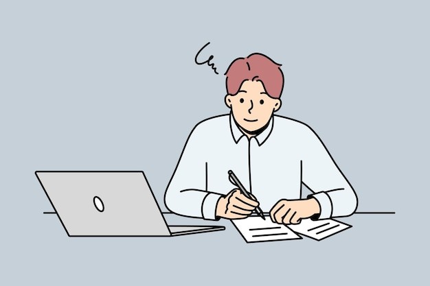 笔记本前工作学习的男人描边插画