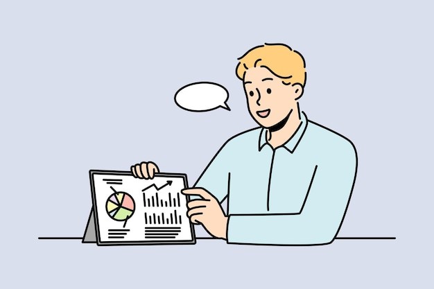 使用平板电脑做业绩展示的男人描边插画