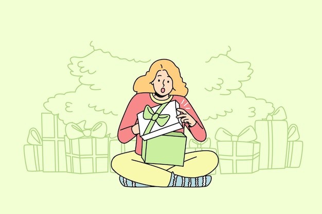 打开礼物盒的女人描边插画