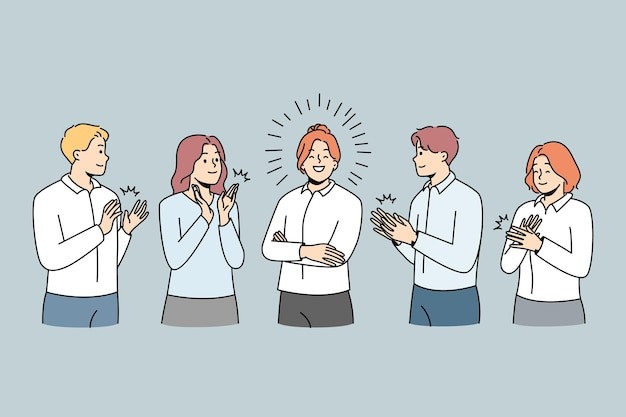 为领导鼓掌的员工男人女人描边插画