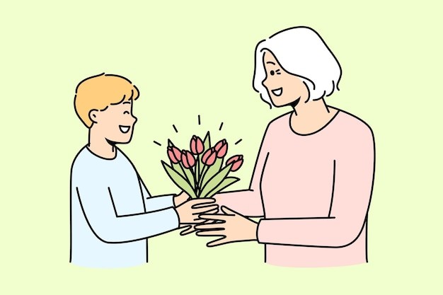 男孩送花给奶奶描边插画