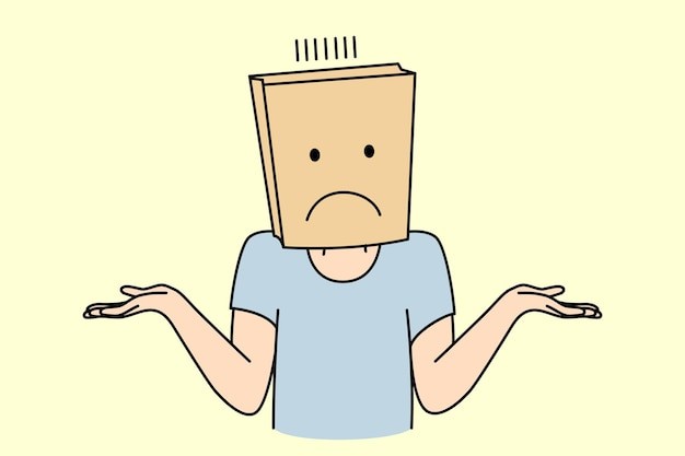 纸袋头套的人物摊手描边插画