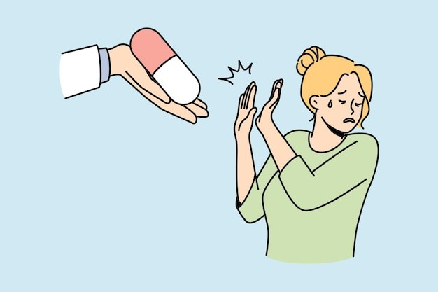 拒绝吃药的女人描边插画