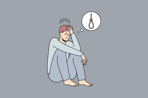 有轻生念头的男人描边插画