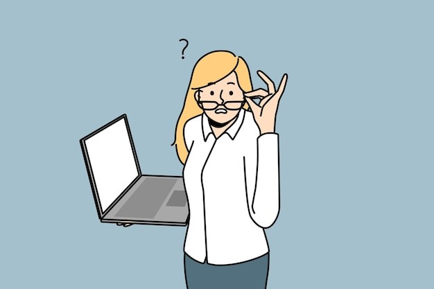 对电脑里的信息感到困惑的女人描边插画