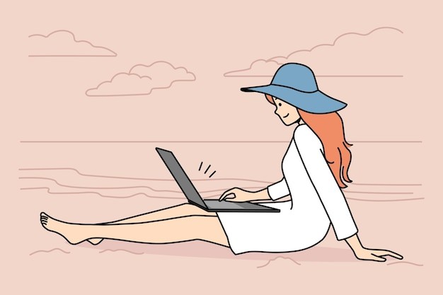 海滩上坐着使用笔记本电脑的女人描边插画