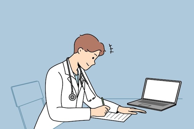 医生在电脑前工作描边插画