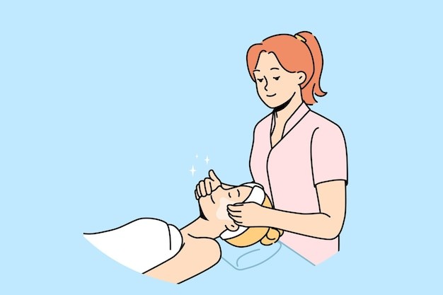 美容师为顾客做面部按摩描边插画