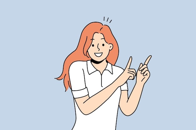 微笑的女孩手指向上方描边插画