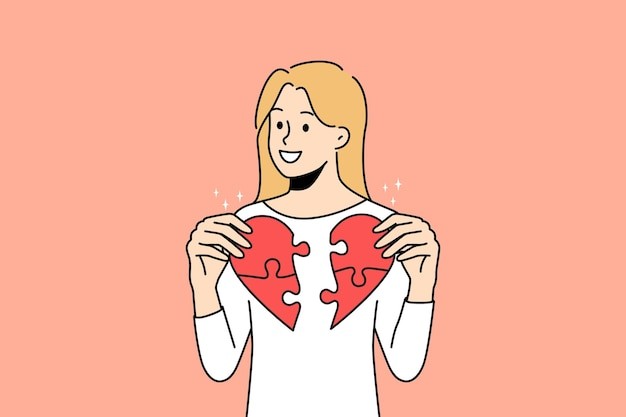 微笑的女人连接破碎的爱心描边插画