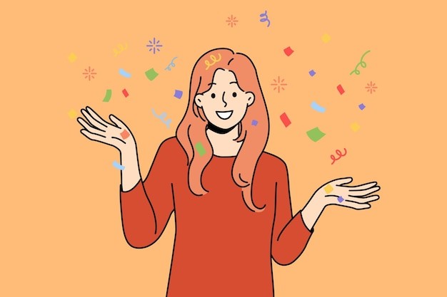 五彩纸屑的微笑女人享受庆祝描边插画