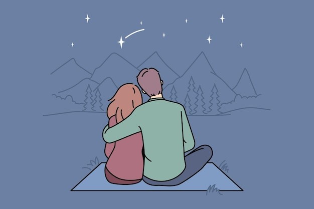 拥抱的情侣看流星描边插画