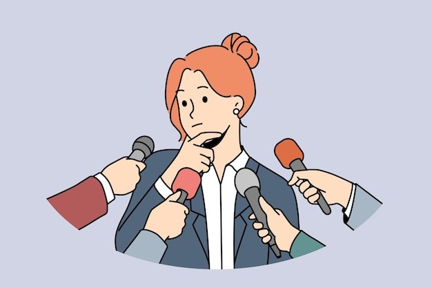 新闻采访女人发言人描边插画