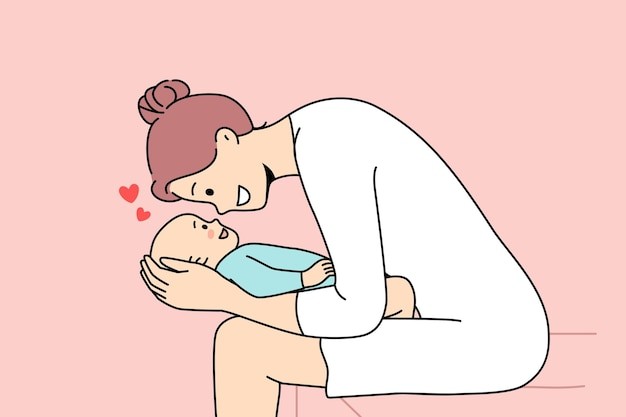 妈妈和婴儿玩耍描边插画