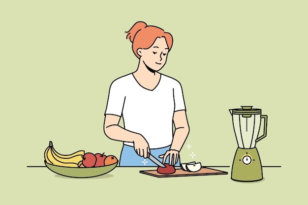 切水果的女人描边插画