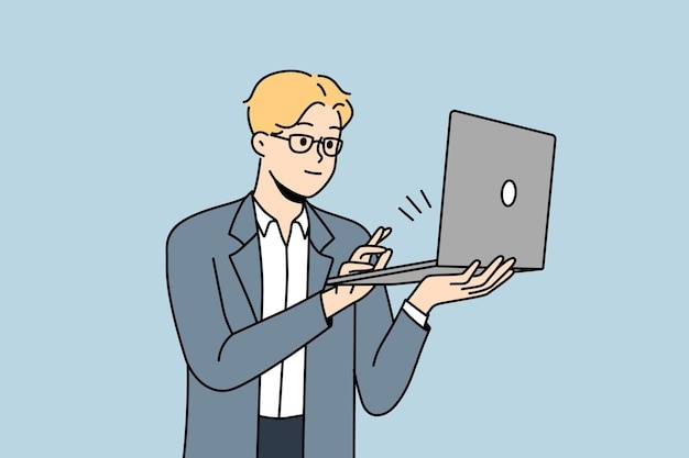 使用笔记本电脑的男人描边插画