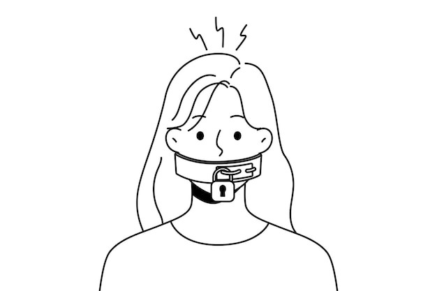 闭嘴被锁住嘴的女人描边插画