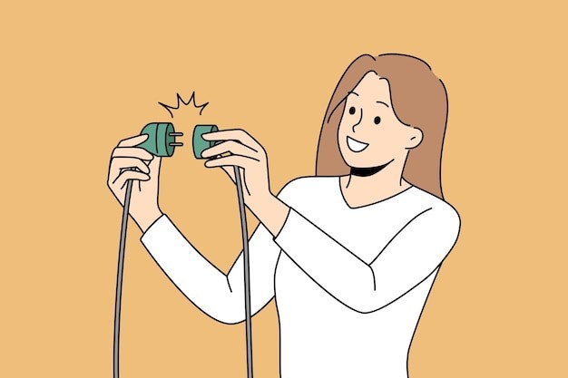 女人连接插头描边插画