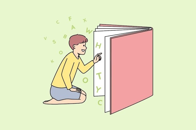 看书的男孩乐趣描边插画