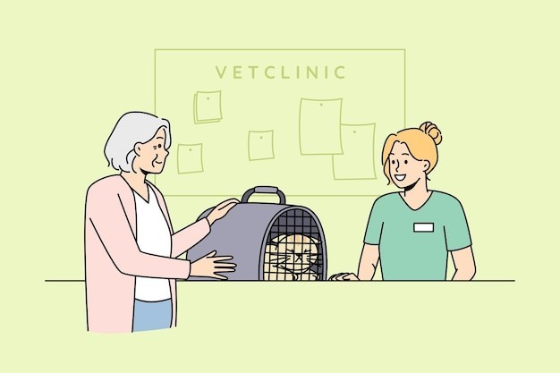 老年人带宠物去宠物医院描边插画