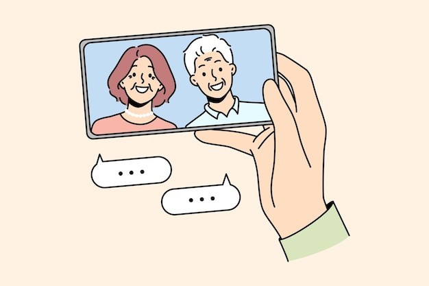 与父母视频聊天描边插画
