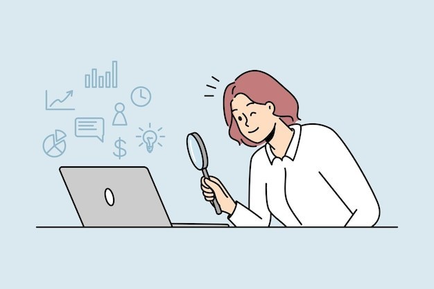 女人用放大镜查看电脑描边插画