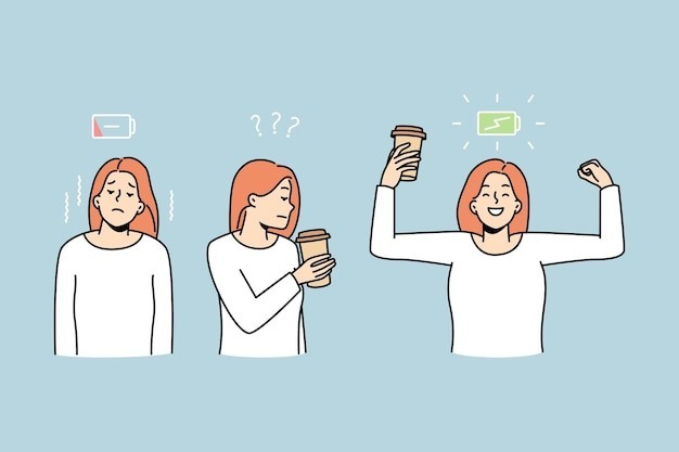 喝咖啡提神的女人描边插画