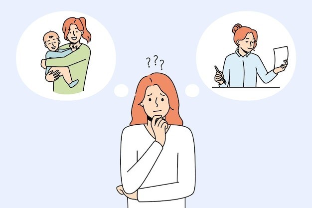 迷茫的女人在工作和家庭之间做出选择描边插画