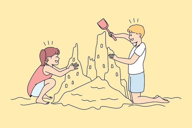 玩沙子的男孩女孩描边插画