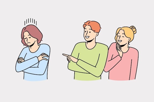 欺负女学生的男孩女孩校园霸凌描边插画