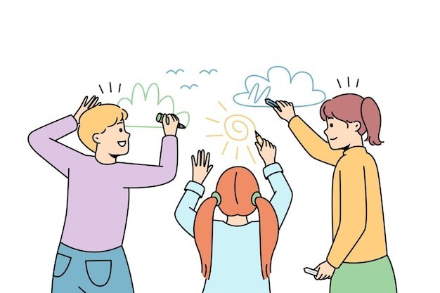 孩子们在墙上涂鸦绘画描边插画